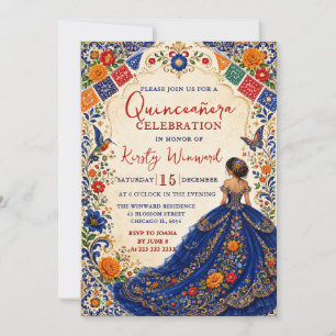 Mexican Fiesta Blue Floral Gold Quinceanera Invitation