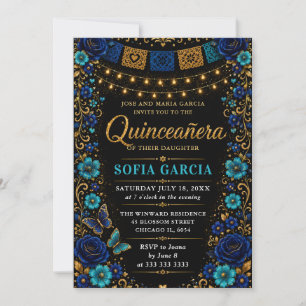 Mexican Fiesta Blue Floral Quinceanera Invitation
