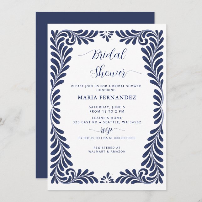 Mexican Fiesta Blue Talavera Bridal Shower Invitation (Front/Back)
