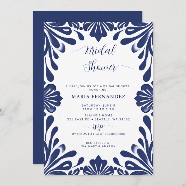 Mexican Fiesta Blue Talavera Bridal Shower Invitation (Front/Back)