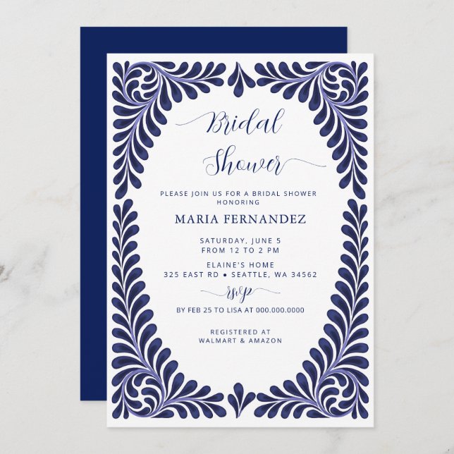 Mexican Fiesta Blue Talavera Bridal Shower Invitation (Front/Back)