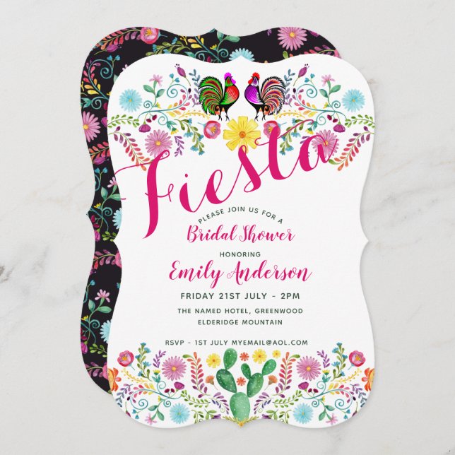 Mexican Fiesta Bridal Shower Roosters Folk Flowers Invitation (Front/Back)