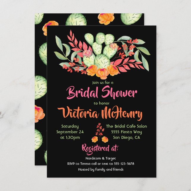 Mexican Fiesta Bridal Shower Watercolor Cactus Invitation (Front/Back)
