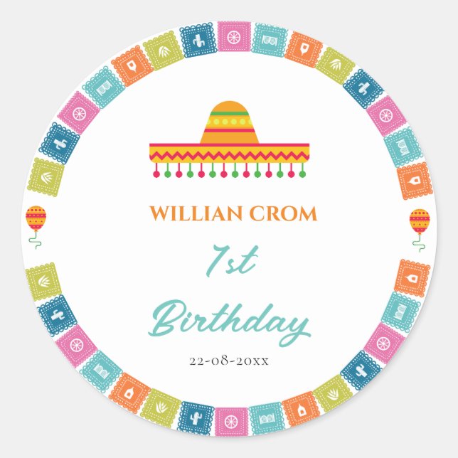Mexican Fiesta Cactus 1st Year Birthday Classic Round Sticker (Front)
