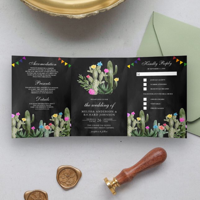 Mexican Fiesta Cactus Floral Black Wedding Tri-Fold Invitation (Creator Uploaded)