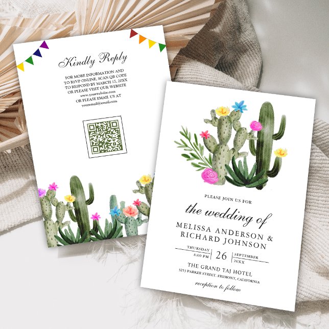 Mexican Fiesta Cactus Floral QR Code Wedding Invitation (Creator Uploaded)
