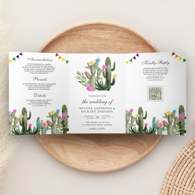 Mexican Fiesta Cactus Floral QR Code Wedding Tri-Fold Invitation (Creator Uploaded)