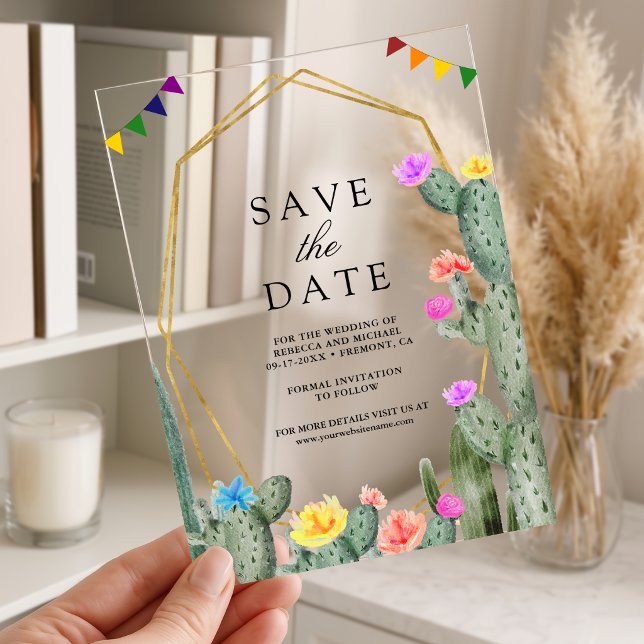 Mexican Fiesta Cactus Floral Wedding Save the Date Acrylic Invitations (Creator Uploaded)