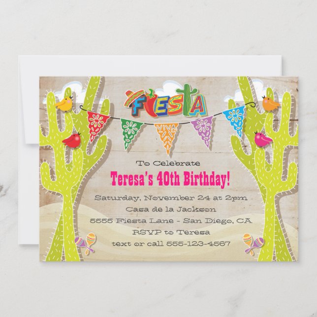 Mexican Fiesta Cactus rustic papel picado invites (Front)