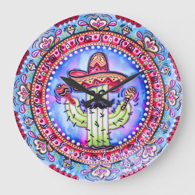 Mexican Fiesta Cinco de Mayo Sombrero Hat Blue Red Large Clock (Front)