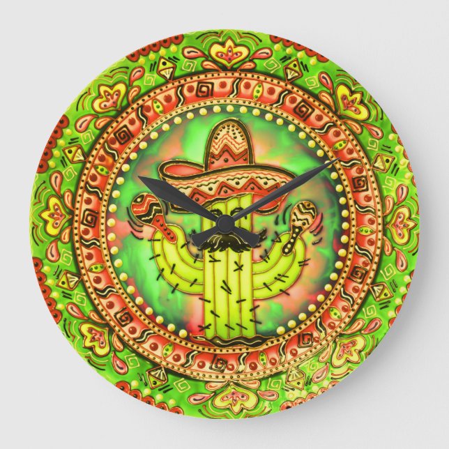 Mexican Fiesta Cinco de Mayo Sombrero Hat Green  Large Clock (Front)