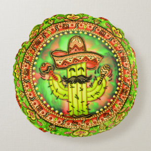 Mexican Fiesta Cinco de Mayo Sombrero Hat Green  Round Cushion