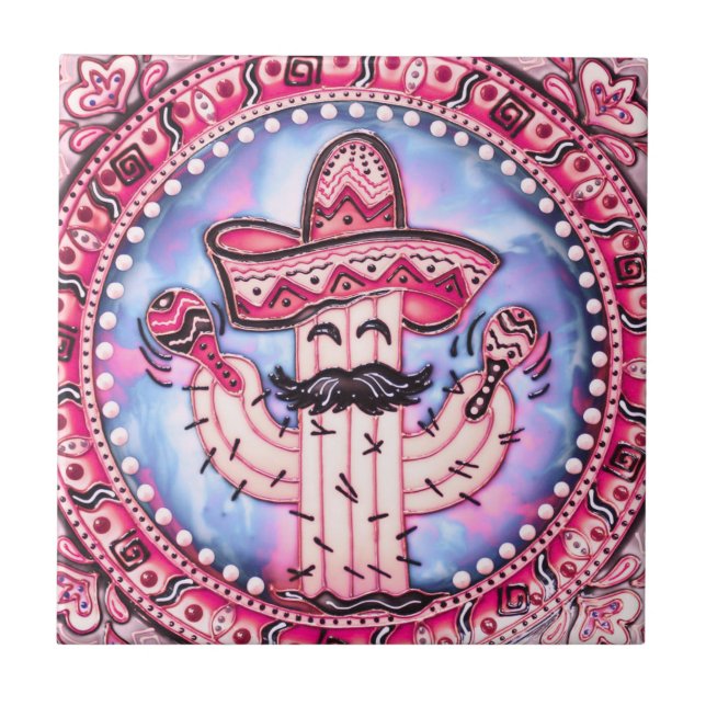 Mexican Fiesta Cinco de Mayo Sombrero Pink Blue Ceramic Tile (Front)