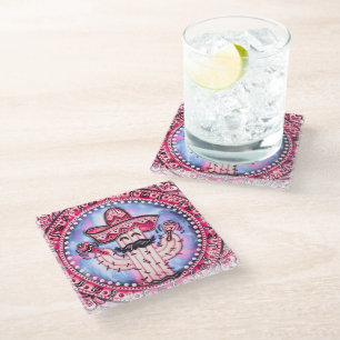 Mexican Fiesta Cinco de Mayo Sombrero Pink Blue Glass Coaster