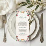 Mexican Fiesta Colourful Floral Wedding Menu<br><div class="desc">This Mexican Fiesta Colourful Floral Wedding Menu showcases vibrant,  folkloric floral patterns in bold reds,  teals,  yellows,  and purples,  inspired by traditional Mexican art. Set against a textured off-white background,  the design blends Mexican cultural richness with elegant,  contemporary details for a festive and stylish celebration.</div>