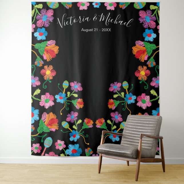 Mexican Fiesta Embroidery Floral Photo Backdrop Tapestry (In Situ)