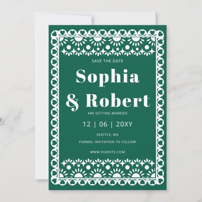 Mexican Fiesta Emerald Papel Picado Boho Wedding Save The Date (Front)