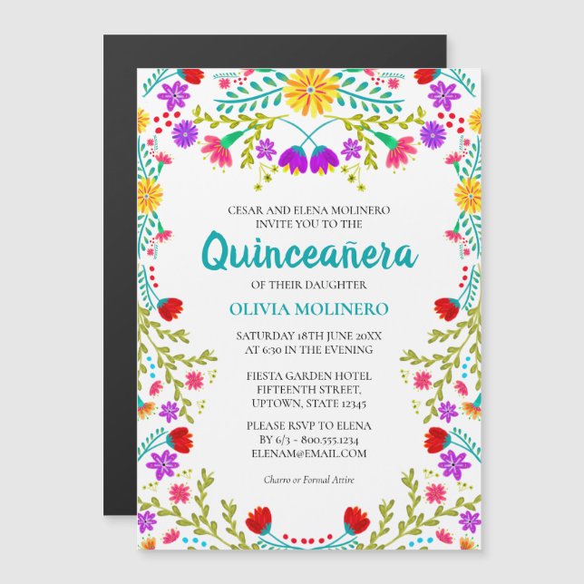 Mexican Fiesta Floral 15th Birthday Quinceanera Magnetic Invitation (Front/Back)