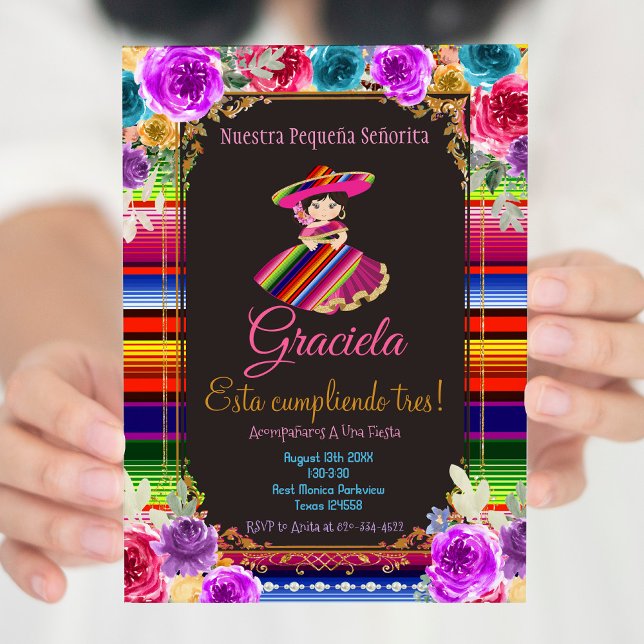 Mexican Fiesta Floral Birthday Mis Tres Años Invitation (Creator Uploaded)