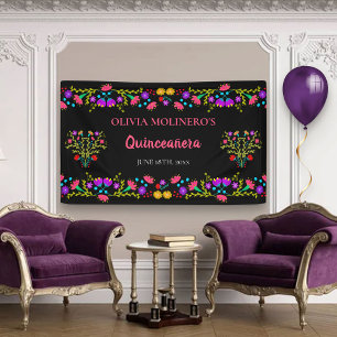 Mexican Fiesta Floral Black Quinceanera Birthday Banner