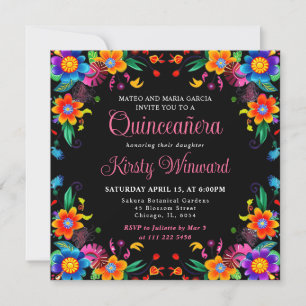 Mexican Fiesta Floral Black Quinceanera Invitation