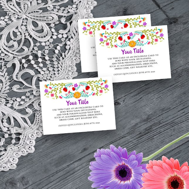 Mexican Fiesta Floral Black White Reception Enclosure Card (Create your own Reception Card or other information - Mexican Fiesta Flowers Quinceanera Collection)