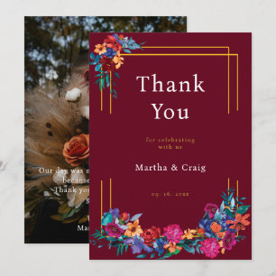 Mexican Fiesta Floral Burgundy Wedding Thank You Card