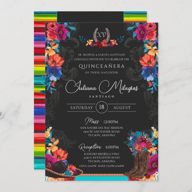 Mexican Fiesta Floral Charro Photo Quinceanera Invitation (Front/Back)