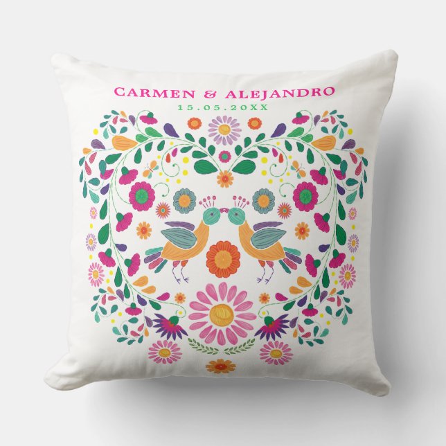 Mexican Fiesta Floral Love Birds Wedding Gift Cushion (Front)