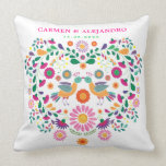 Mexican Fiesta Floral Love Birds Wedding Gift Cushion<br><div class="desc">This beautiful cushion features whimsical & intricate Mexican floral pattern in hot pink, purple, orange, green, yellow and turquoise. Personalise the cushion with the names of the bride and groom and also the wedding date. The background colour of the cushion is set to white, but feel free to choose a...</div>