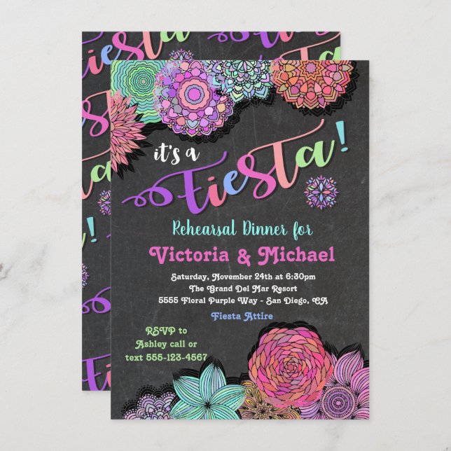 Mexican Fiesta Floral Mandala Rehearsal Dinner Invitation (Front/Back)