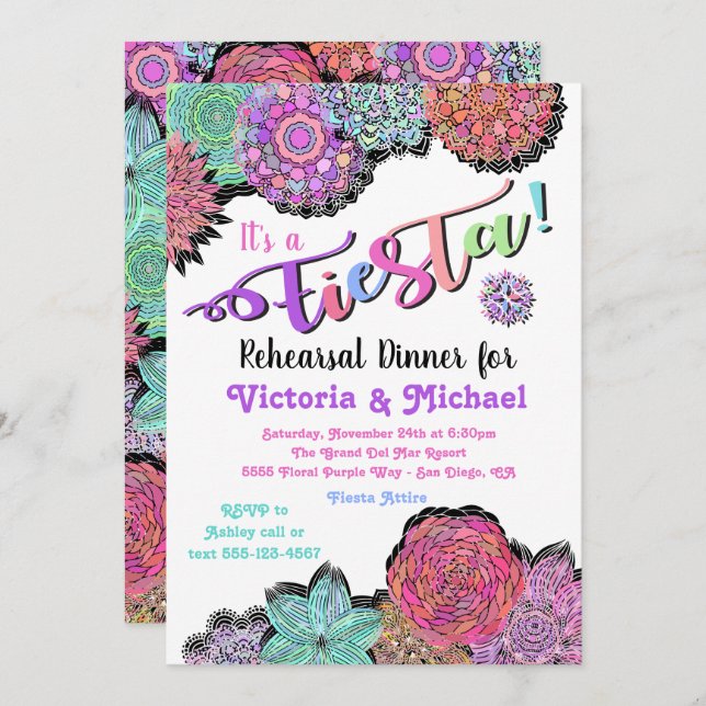 Mexican Fiesta Floral Mandala Rehearsal Dinner Invitation (Front/Back)