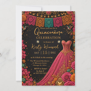 Mexican Fiesta Floral Pink Dress Quinceanera Invitation