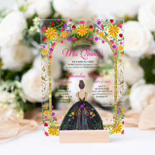 Mexican Fiesta Floral Princess Gold Quinceanera Acrylic Invitations