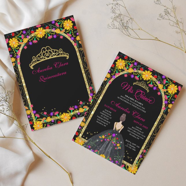 Mexican Fiesta Floral Princess Gold Quinceanera Invitation (Creator Uploaded)