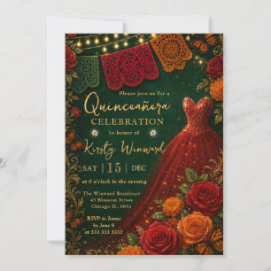 Mexican Fiesta Floral Red Dress Quinceanera Invitation