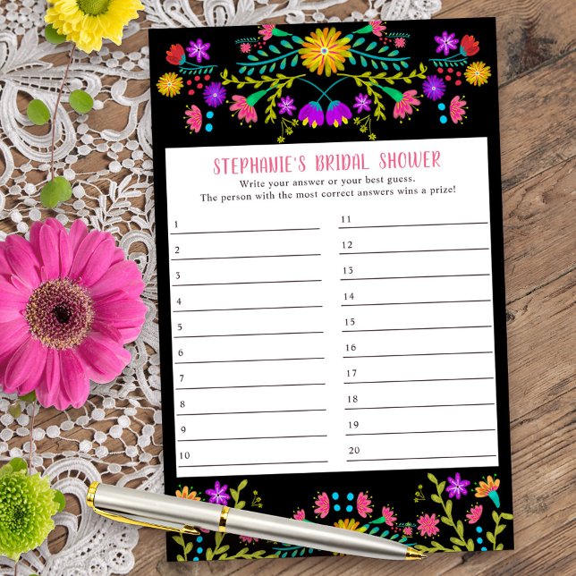 Mexican Fiesta Floral Shower Game Answer Sheet (Bridal Shower Game answer card from my Mexican Fiesta Floral collection)