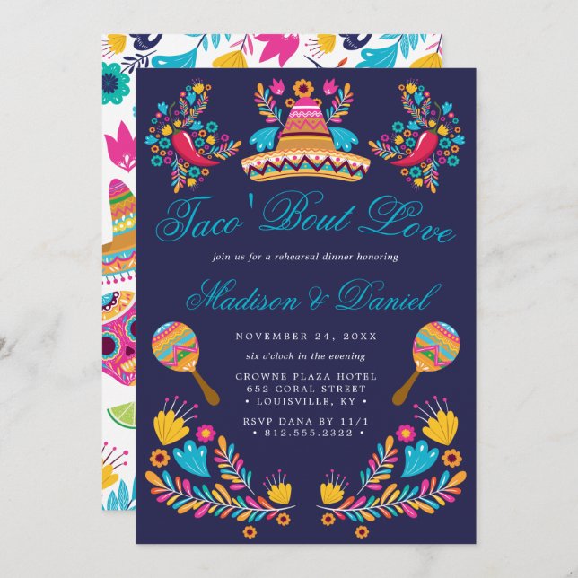 Mexican Fiesta Floral Sombrero Rehearsal Dinner Invitation (Front/Back)