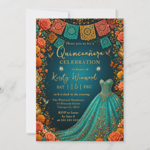 Mexican Fiesta Floral Teal Dress Quinceanera Invitation