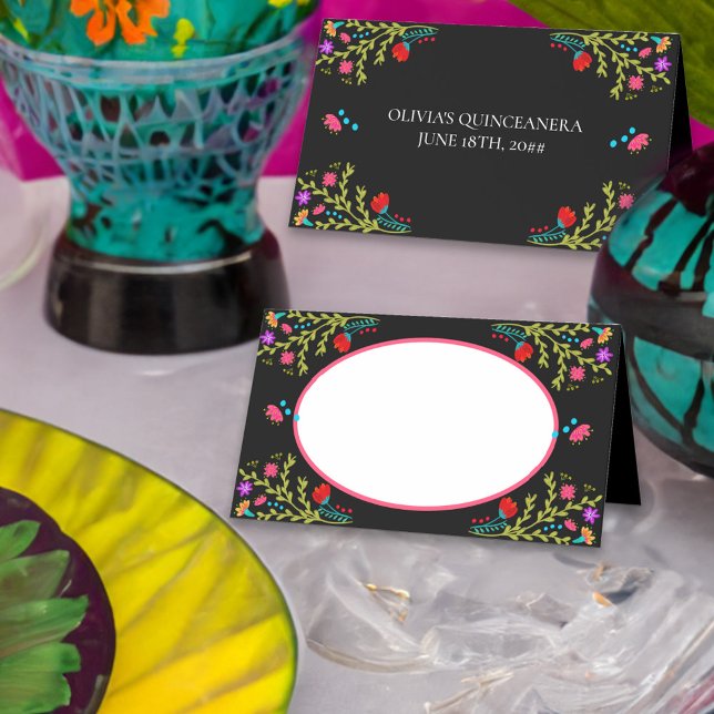 Mexican Fiesta Floral with Name Frame Place Card (Place card with space for guest name, personalized on the back and colorful mexican fiesta flowers)