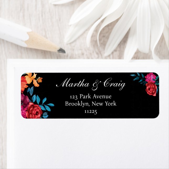 Mexican Fiesta Flower Wedding Black Return Address Label (Insitu)