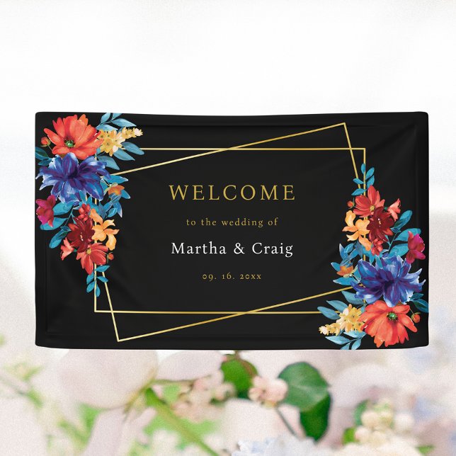 Mexican Fiesta Flower Wedding Black Welcome Banner (Creator Uploaded)