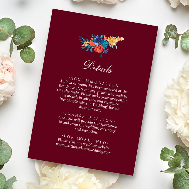 Mexican Fiesta Flower Wedding Burgundy Details Enclosure Card (Creator Uploaded)