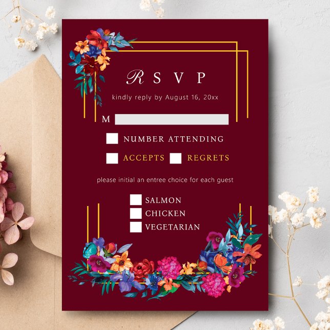 Mexican Fiesta Flower Wedding Burgundy RSVP Enclosure Card (Creator Uploaded)