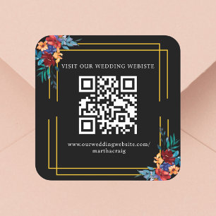 Mexican Fiesta Flower Wedding QR Code Black Square Sticker