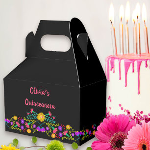 Mexican Fiesta Flowers Black Pink Personalised Favour Box