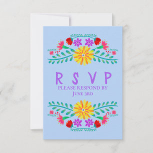 Mexican Fiesta Flowers Light Blue Quinceanera RSVP Card