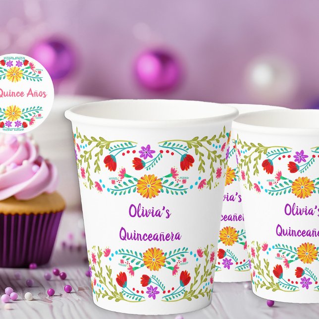 Mexican Fiesta Flowers White and Purple Paper Cups (Party cups from my Mexican Fiesta Flowers Quinceanera Collection)