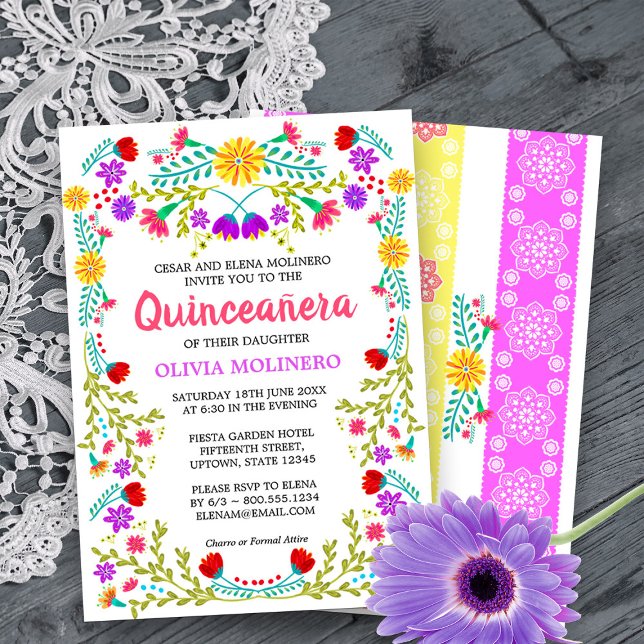 Mexican Fiesta Folk Art Floral Quinceanera Invitation (Quinceanera Invitation from my Mexican Fiesta Flowers Quinceanera Collection -printed or digital)