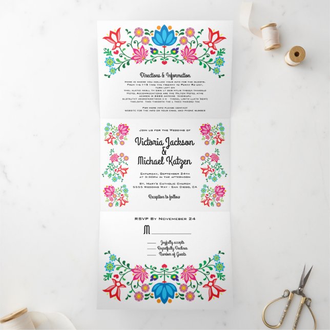 Mexican Fiesta Folk Art Floral Wedding Tri-Fold Invitation (Inside)
